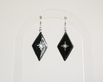 Black Rhombus Clay Star Hoop Earrings | Celestial Goth Geometric Jewelry |  Dark Aesthetic Halloween Earrings