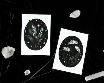 Botanical Plant Print | Lily of the Valley Queen Anne's Lace Illustration | Dark Academia Art