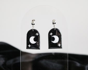 Moon Star Black Arch Clay Earrings | Celestial Goth Geometric Jewelry |  Dark Aesthetic Halloween Earrings