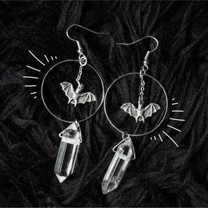Gothic Silver Bat Earrings Halloween Spooky Jewelry | Witch Quartz Crystal Hoops