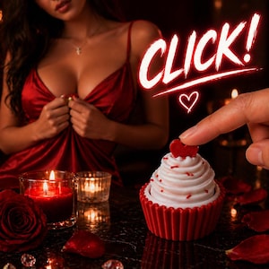 Può includere: Un cupcake rosso con glassa bianca e una decorazione a forma di cuore. La parola "CLICK!" è scritta in rosso con un simbolo a cuore. Il dito di una persona tocca il cupcake. Una donna indossa un vestito rosso.