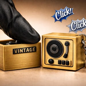 Può includere: Un portachiavi con giradischi vintage in miniatura color oro con una scatola abbinata. La scatola ha la scritta "VINTAGE". L'immagine include anche fumetti "Click!".