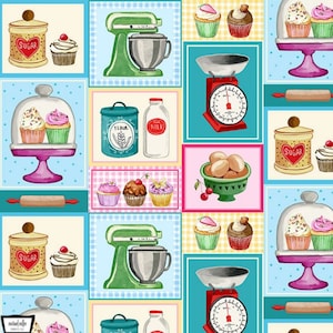 May include: A colorful patchwork design featuring various kitchen and baking items, including a green stand mixer, a red kitchen scale, a rolling pin, a glass cake dome, and various jars and containers labeled "Sugar", "Flour", and "Milk".