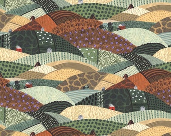 May include: A colorful illustration of a rolling countryside landscape with green, brown, and tan hills. The hills are decorated with different patterns and textures, including polka dots, stripes, and swirls. There are small red houses scattered throughout the landscape.