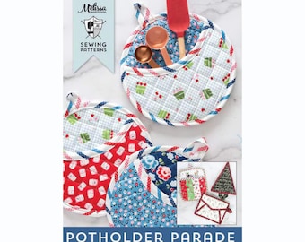 May include: A sewing pattern titled Potholder Parade featuring instructions for four styles of quilted potholders and a matching dish towel. The cover displays circular potholders in red, blue, and white floral and grid prints with kitchen tools.