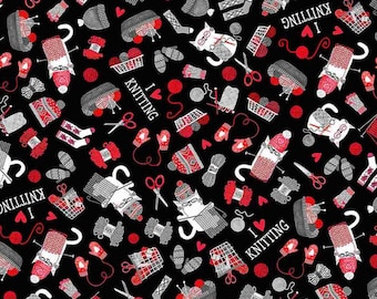 Tela con estampado de gatos tejiendo Love Knitting Cats Timeless Treasures CD1657 - Negro / Tela TT / Tela cortada a medida