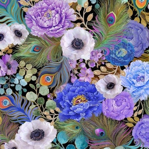 Peacock Feathers and Florals Fabric from the Flourish Collection from TT Fabrics - Fabric By The Yard