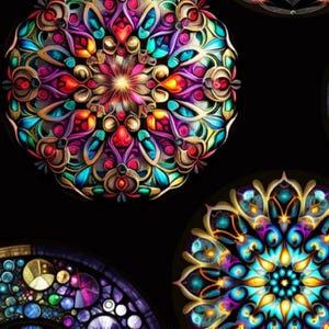 May include: Colorful stained glass mandala designs in shades of blue, purple, red, yellow, and gold. The mandalas are circular and have intricate patterns.