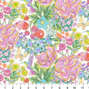 May include: A white background with a colorful floral pattern. The pattern includes pink, purple, yellow, and green flowers, butterflies, and hummingbirds.