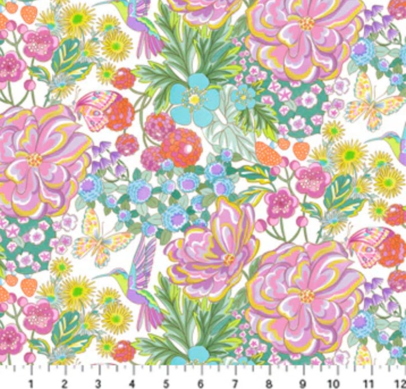 May include: A white background with a colorful floral pattern. The pattern includes pink, purple, yellow, and green flowers, butterflies, and hummingbirds.