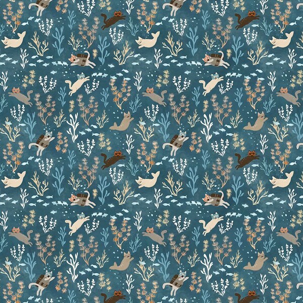 Snorkel Cats - La Mer Collection - Dear Stella Fabrics - DCJ2484 - Cat Fabric by The Yard