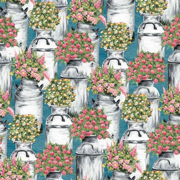 Milk Cans With Flowers | Farm Fabric | 1846-75 - Teal | Blank Quilting | Fabric By The Yard or Length