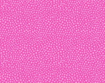 May include: A bright pink fabric with a speckled design. The pattern consists of small, irregular, pale pink dots spread over a more vivid pink backdrop, giving a textured look. Suitable for various craft projects.