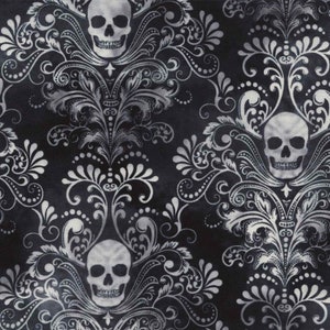 Skull Negative Damask Wicked Collection Halloween Fabric C3759 Charcoal ...