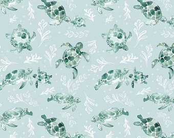 May include: A seamless pattern featuring watercolor illustrations of sea turtles in shades of green on a light blue background. The turtles are swimming in different directions and are surrounded by white stylized seaweed.