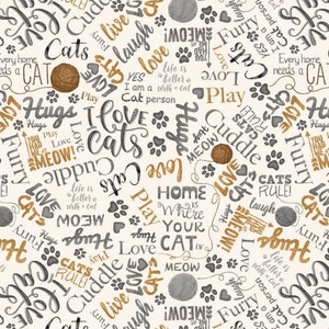 May include: A white background with black and gold text that says "I love cats", "Cats rule", "Furry", "Home is where your cat is", "Life is better with a cat", "Play", "Cuddle", "Hugs", "Meow", and more. There are also paw prints and balls of yarn.