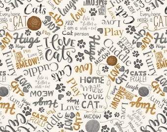 May include: A white background with black and gold text that says "I love cats", "Cats rule", "Furry", "Home is where your cat is", "Life is better with a cat", "Play", "Cuddle", "Hugs", "Meow", and more. There are also paw prints and balls of yarn.