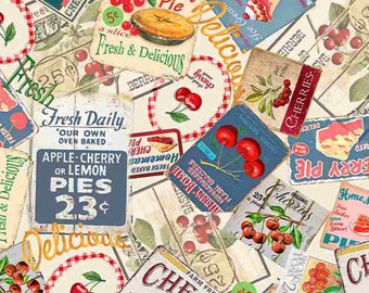 Packed Cherry Stamps | Retro Kitchen Fabric | Timeless Treasures Fabric CD1547 - Multi | Fabric By The Yard