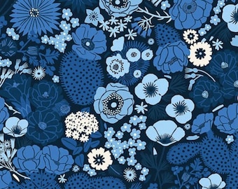 May include: A seamless pattern featuring blue and white flowers on a dark blue background. The pattern is ideal for fabric, wallpaper, or other decorative projects.