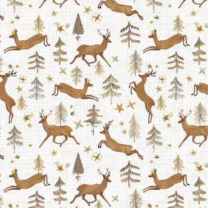 May include: A seamless pattern featuring a white background with brown deer and gold stars. The deer are in various poses, including running, jumping, and lying down. The pattern is perfect for fabric, wallpaper, or wrapping paper.