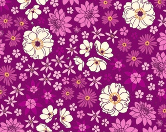 May include: A seamless pattern featuring a variety of pink and white flowers on a deep purple background. The flowers are stylised and have a vintage feel.