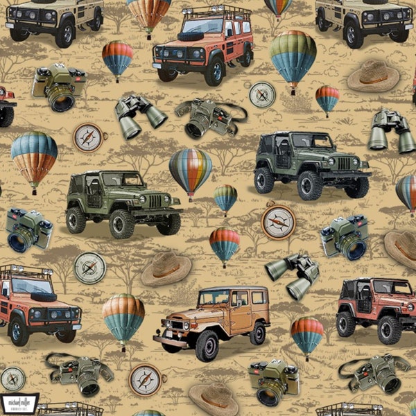 Safari Adventure Jeeps Khaki DCX11327 Michael Miller Fabric By The Yard