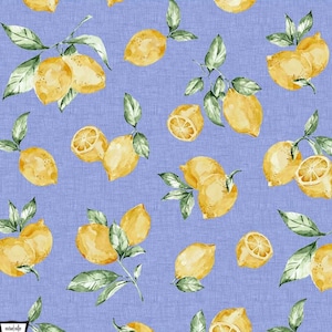May include: A seamless pattern featuring watercolor illustrations of lemons and leaves on a light blue background.