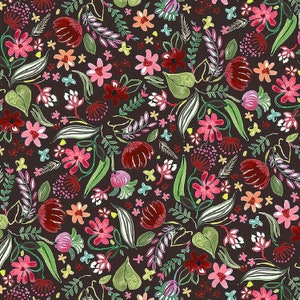 May include: A seamless pattern featuring a variety of stylized flowers and leaves in shades of pink, red, green, and white on a dark brown background.
