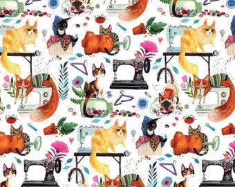 Sew Mischievous | Dear Stella Fabric | Cat Sewing Fabric | White - Dear Stella DMB2027 | Fabric By The Yard or Length