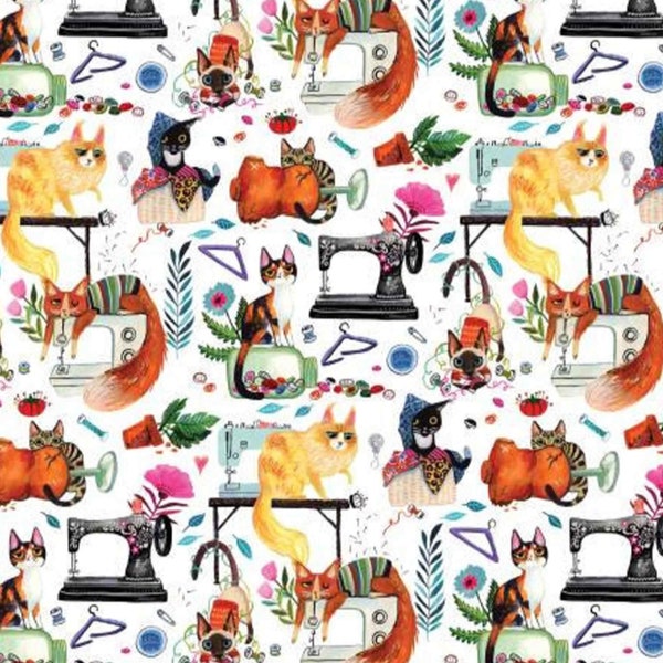 Sew Mischievous | Dear Stella Fabric | Cat Sewing Fabric | White - Dear Stella DMB2027 | Fabric By The Yard or Length
