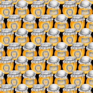 May include: A seamless pattern of honey jars with white lids and black ribbons. Each jar has a crown and the word "honey" printed on the label. The background is black.