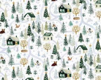 May include: A white background with a repeating pattern of green trees, houses, snowmen, stars, and other wintery elements. The pattern is perfect for wrapping paper or fabric.