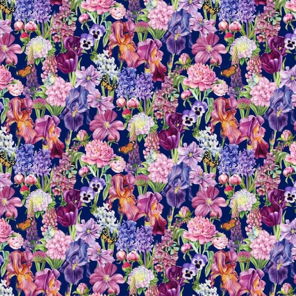 Deborah's Garden Large Packed Foral - Navy - Fabric By The Yard