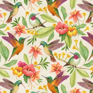 Hummingbird and Tropical Flowers in Cream - Rosie Dore for Timeless Treasures | Fabric By The Yard or Length CD1915