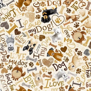 Tossed Dogs and Words Fabric - Cream - Timeless Treasures