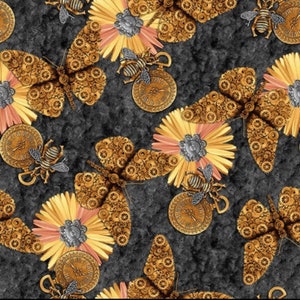 Alternative Age Butterflies Flowers  and Bees  Fabric | Steampunk Fabric | Blank Quilting 2319 99 | Fabric By The Yard | Urban Essence