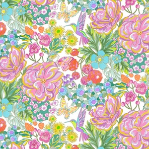 May include: A white background with a colorful floral pattern. The pattern includes pink, yellow, blue, and green flowers, butterflies, and hummingbirds.