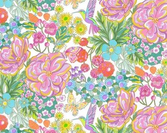 May include: A white background with a colourful floral pattern. The pattern includes pink, yellow, blue, and green flowers, butterflies, and hummingbirds.