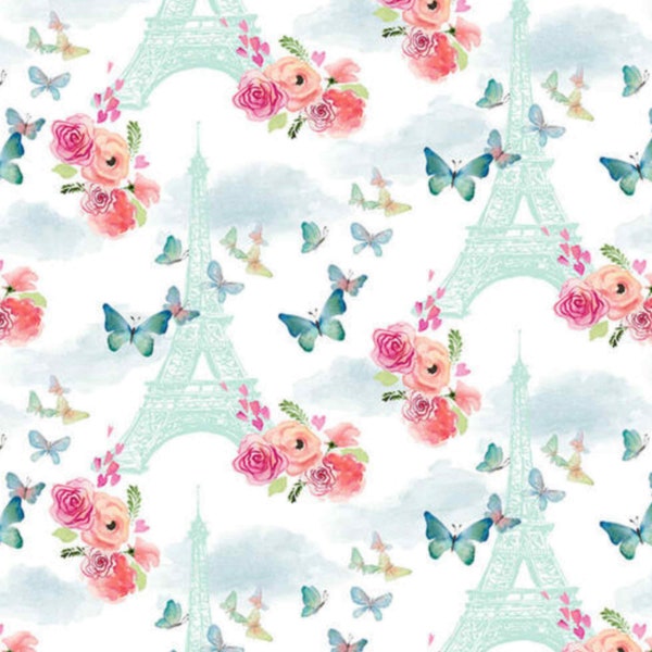 Love Is In The Air - Floral Fabric - Blank Quilting - Eiffel Tower with Flowers and Butterflies - 1679-01 White - Fabric By The Yard