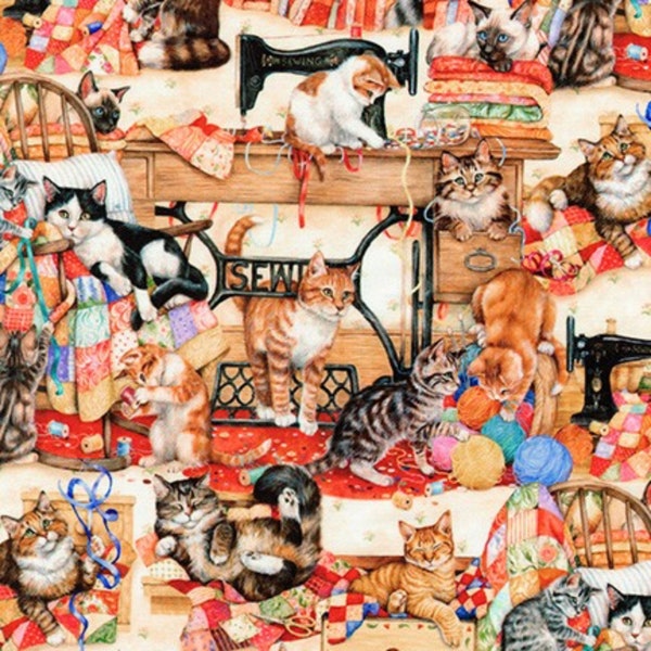 Sewing Buddies Fabric | Vintage Sewing and Cats Fabric | Sewing Buddies Robert Kaufman 18576 | Fabric By The Yard