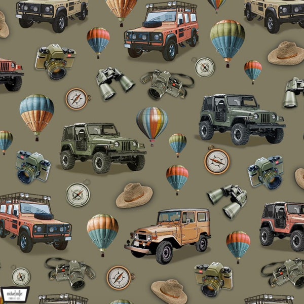 Safari Adventure Jeeps Olive Green DCX11327 Michael Miller Fabric By The Yard