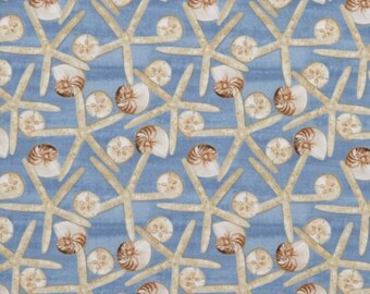 Seaside Serenity Starfish Fabric | Blank Quilting 2018-75 Medium Blue | Seashore Fabric| - Fabric By The Yard AJ's Watercolor