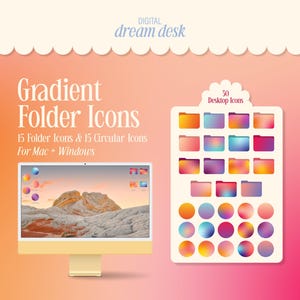 Puede incluir: Un conjunto de 50 iconos de carpeta degradados para Mac y Windows. Los iconos son de varios colores, incluyendo rosa, naranja, amarillo y azul. Los iconos están dispuestos en una cuadrícula sobre un fondo blanco. El texto "50 iconos de escritorio" está en la parte superior de la cuadrícula.