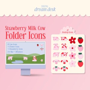 18 Strawberry Milk Cow Mac Desktop File Icons | Apple MacBook + Windows compatible icons | pink, red, file, folder