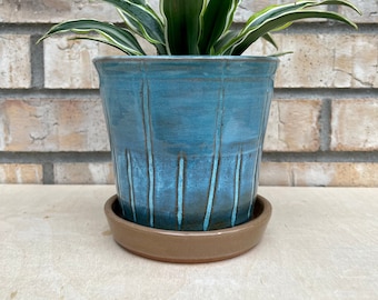 Handmade Ceramic Planter with Saucer- 5” W x 4.75” H Pottery Planter- Blue Ceramic Planter- Succulent Pot with Drain and Plate