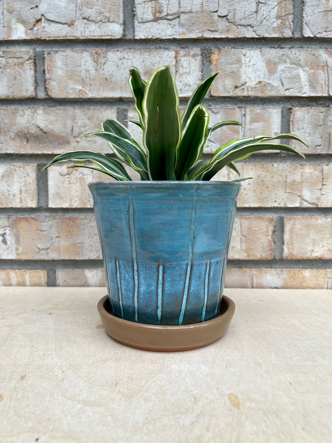 Handmade Ceramic Planter With Saucer 5 W X 4.75 H Pottery Planter Blue