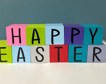 Happy Easter Wooden Block Decor | Spring Tiered Tray Centerpiece