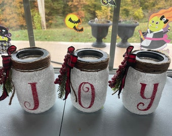 Handmade Snowy Winter Mason Jar Set | Christmas Candle Holder