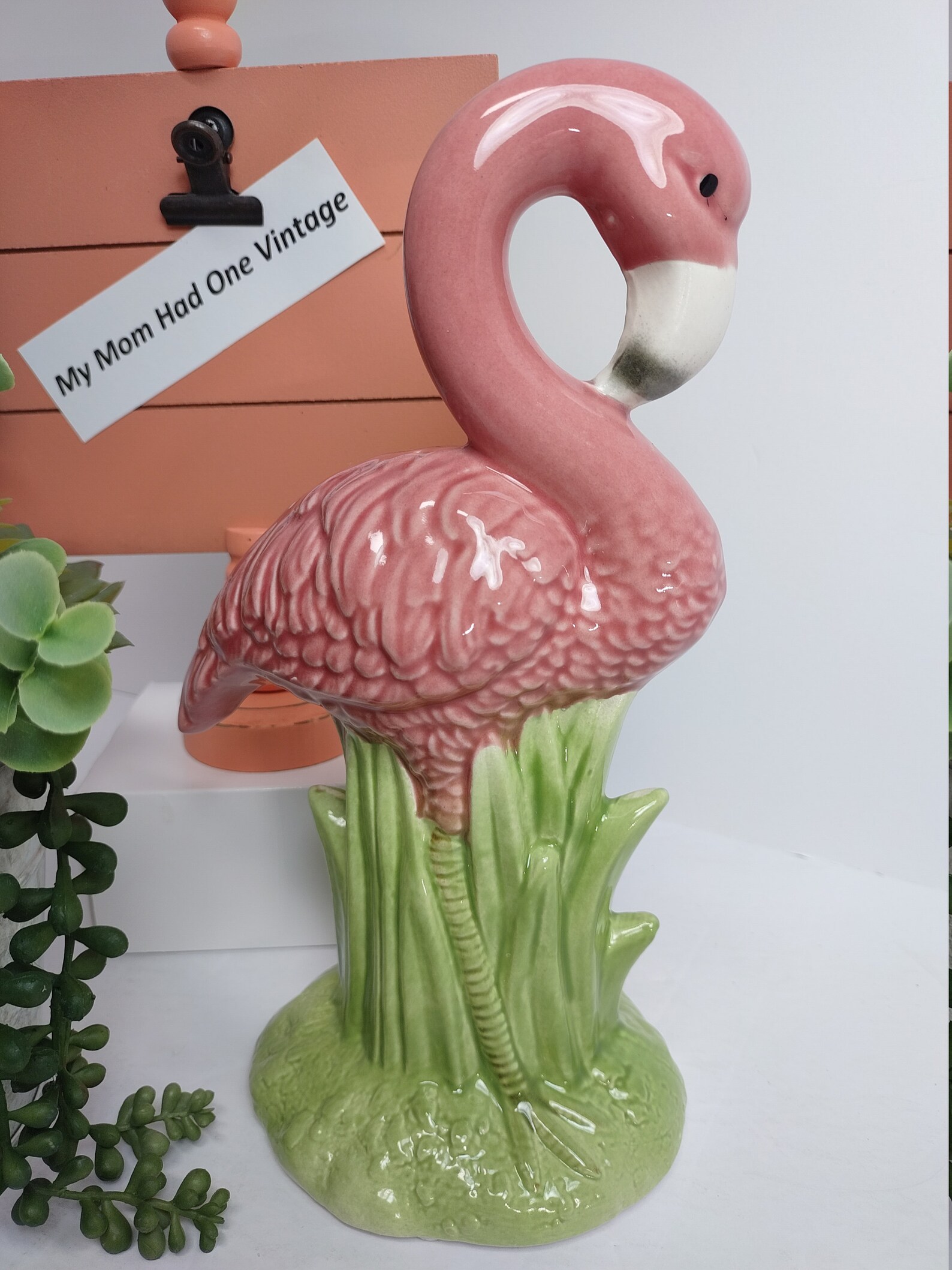 Vintage Flamingo Figurine Beach Decoración Rosa y Verde MCM Etsy