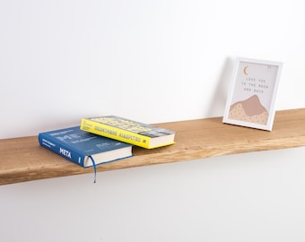 Handcrafted Bookshelf Made of Solid Oak, Floating Shelf with a Live Edge in a Rustic Style
